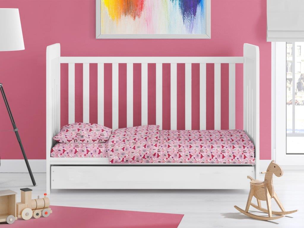 Σετ Σεντόνια Βαμβακερά Κούνιας 120x160εκ. Fox 525 Pink Dimcol (Ύφασμα: Βαμβάκι 100%, Τύπος κατωσέντονου: Χωρίς Λάστιχο, Χρώμα: Ροζ) - DimCol - 31112221020